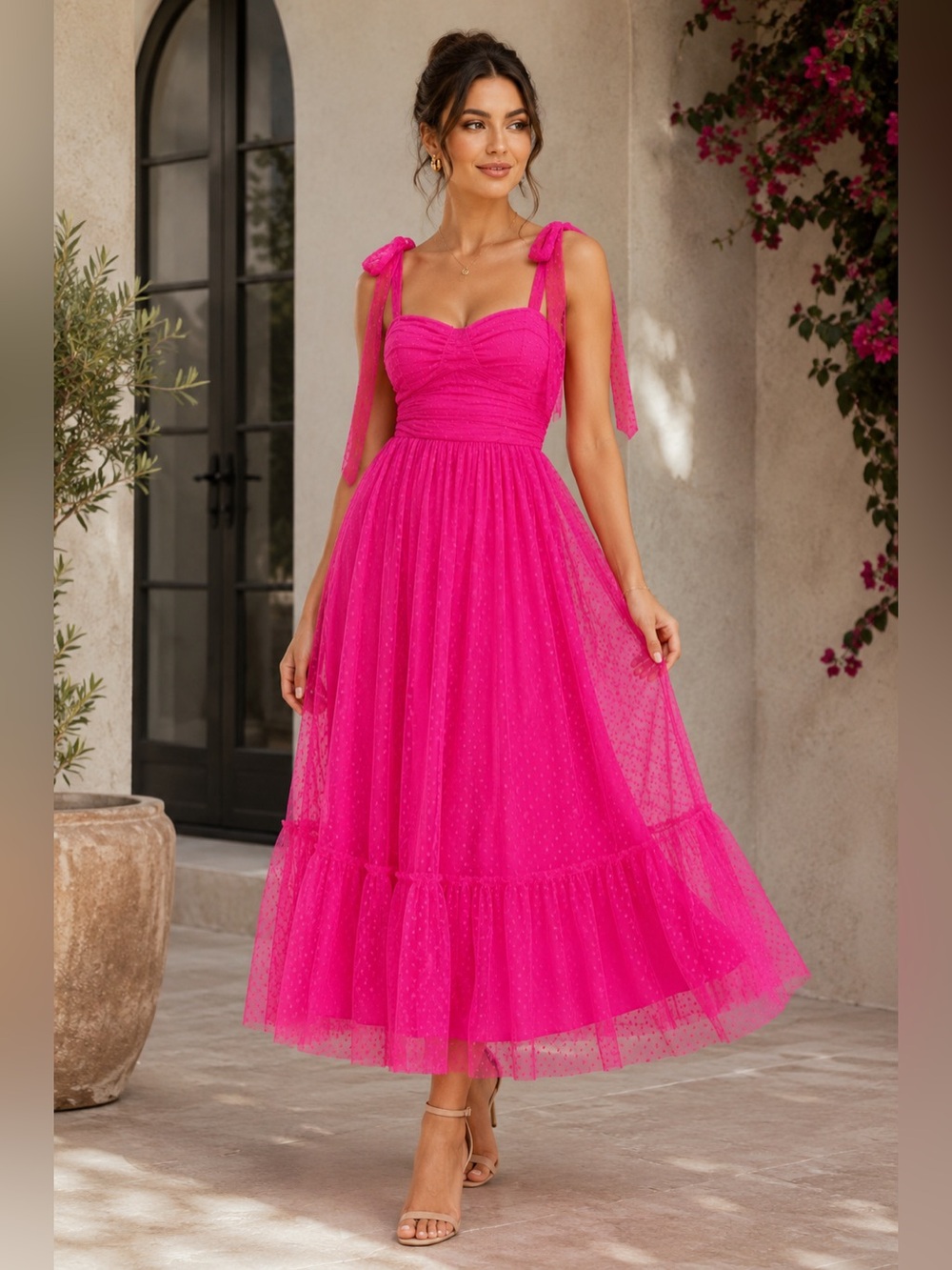 77- NEW Tie Shoulder Ruched Bust Ruffle Hem Mesh Overlay Cami Dress